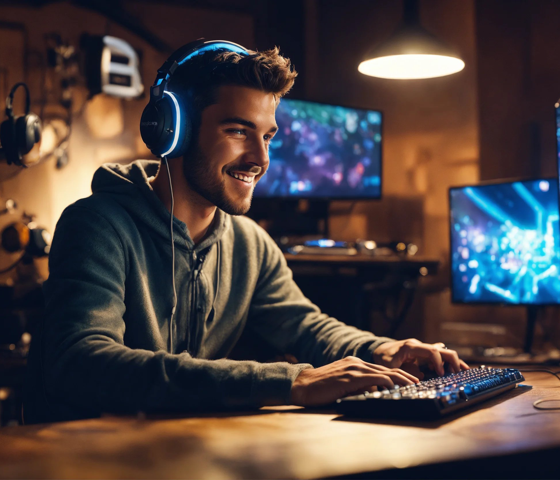 Mann mit Headset am Computer